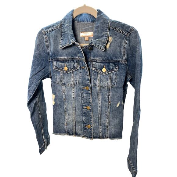 KUT Women's Distressed Blue Jean Jacket, Denim Jacket, Fringed Hem, Size XS, NEW - Picture 3 of 4